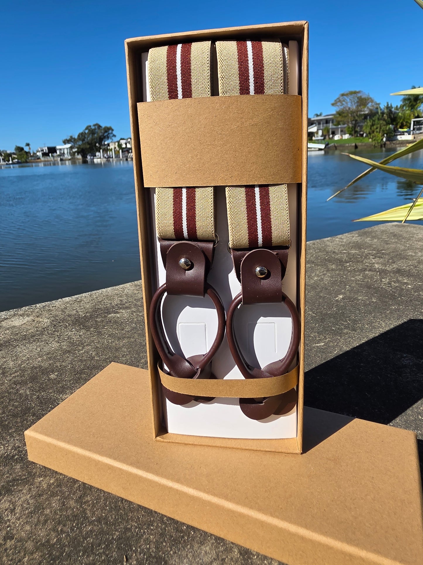Beige & Burgundy Striped Suspenders